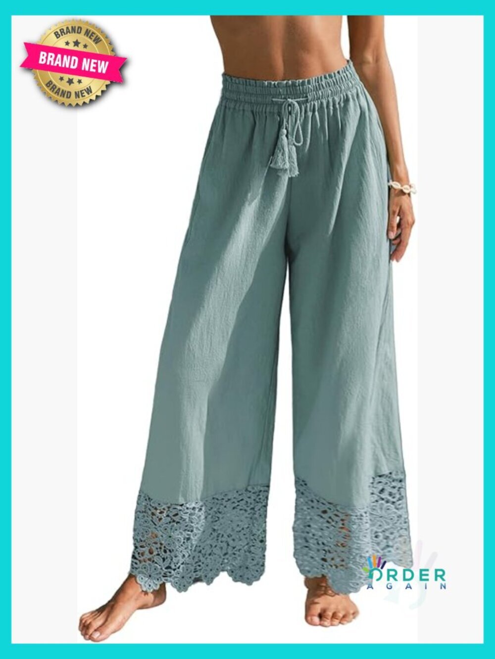 Lace Trim Wide Leg Pants High Waist Palazzo Casual Cotton Beach Pants with